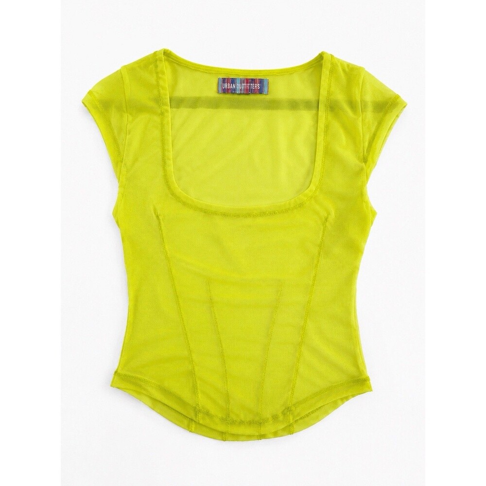 Urban Outfitters Neon Yellow Mesh Corset Top XS Sheer Stretch Y2K